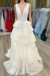 White V-Neck Pleated Layered Long Semi Formal Prom Dress